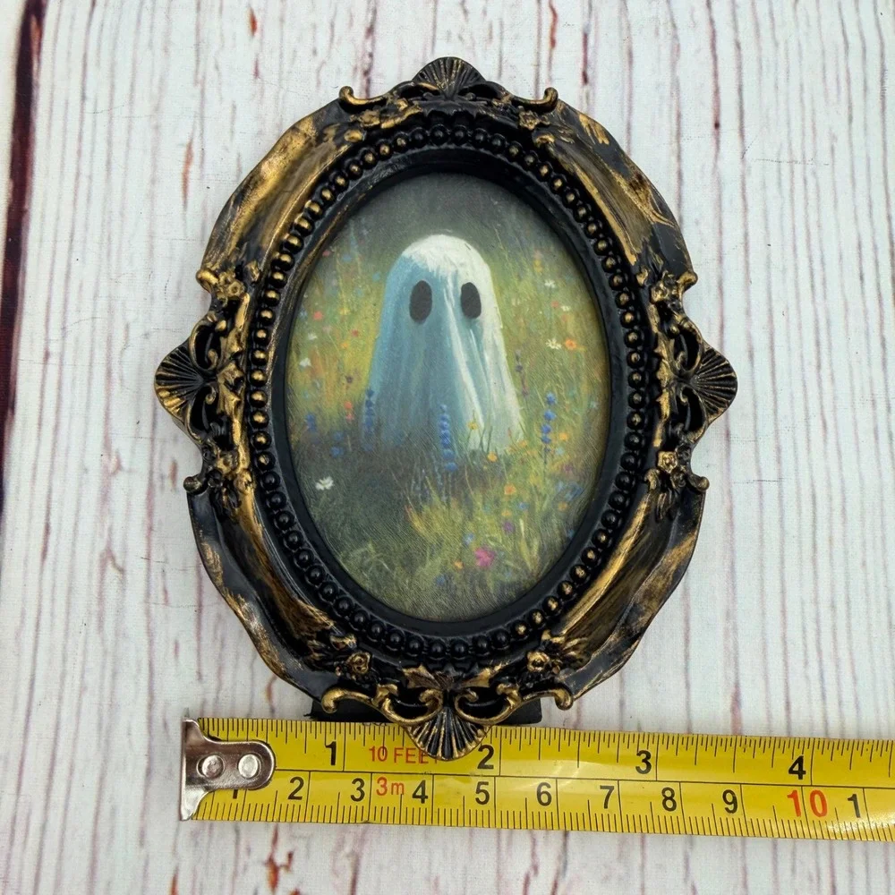 Ghost in Wildflower Field Decoupage Art Ornate Gold Black Resin Frame 4.5 inch